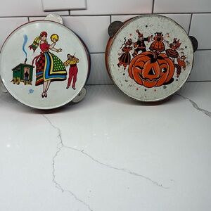 Metal Toy Tin Metal Traveling Gypsy and Halloween Toy Tambourines vintage